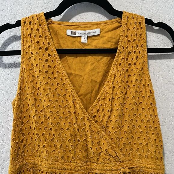 ANTHROPOLOGIE x FRYE Nuri Eyelet Dress Sleeveless Faux Wrap Mustard, Size S - Picture 5 of 11